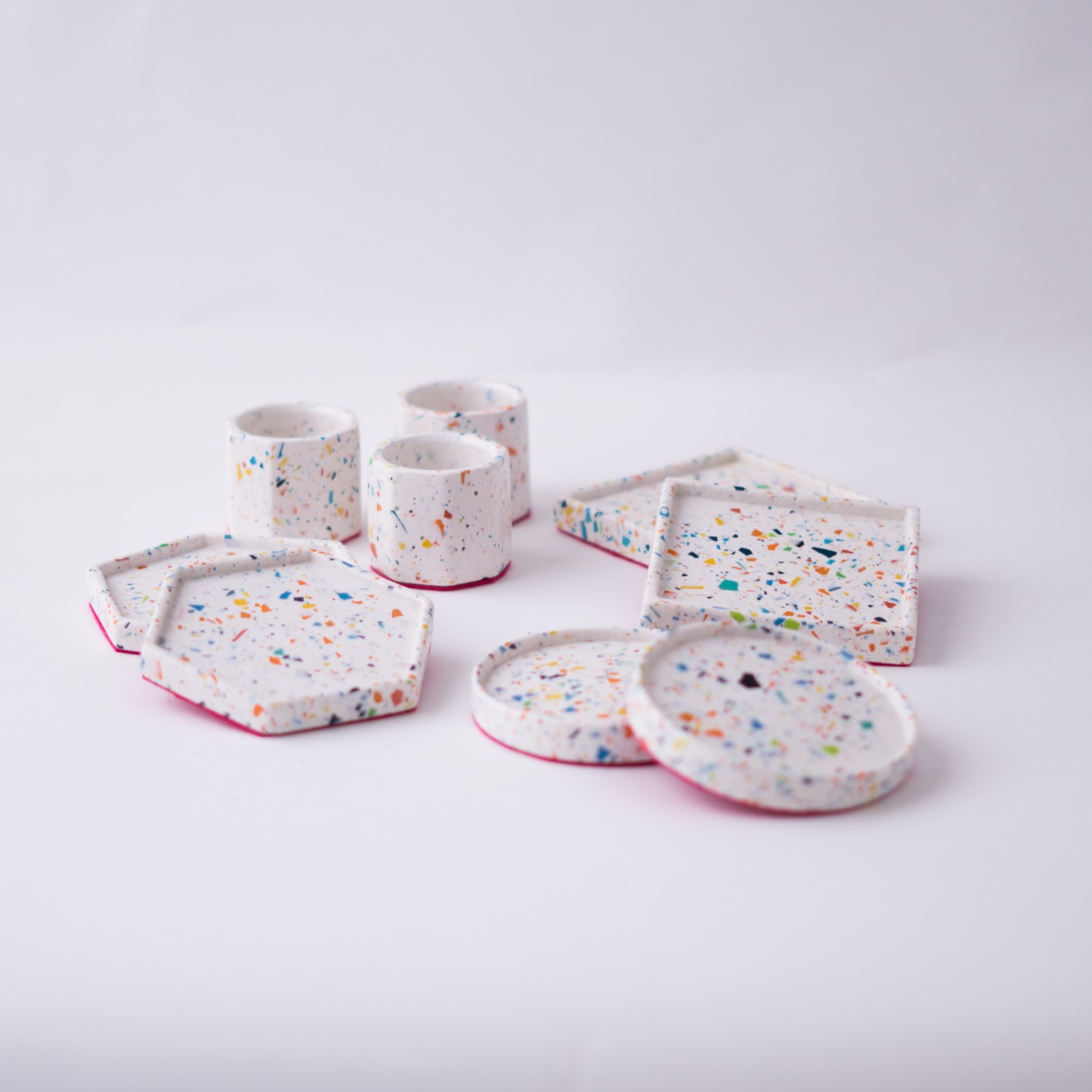 Pieces from the confetti range on a table